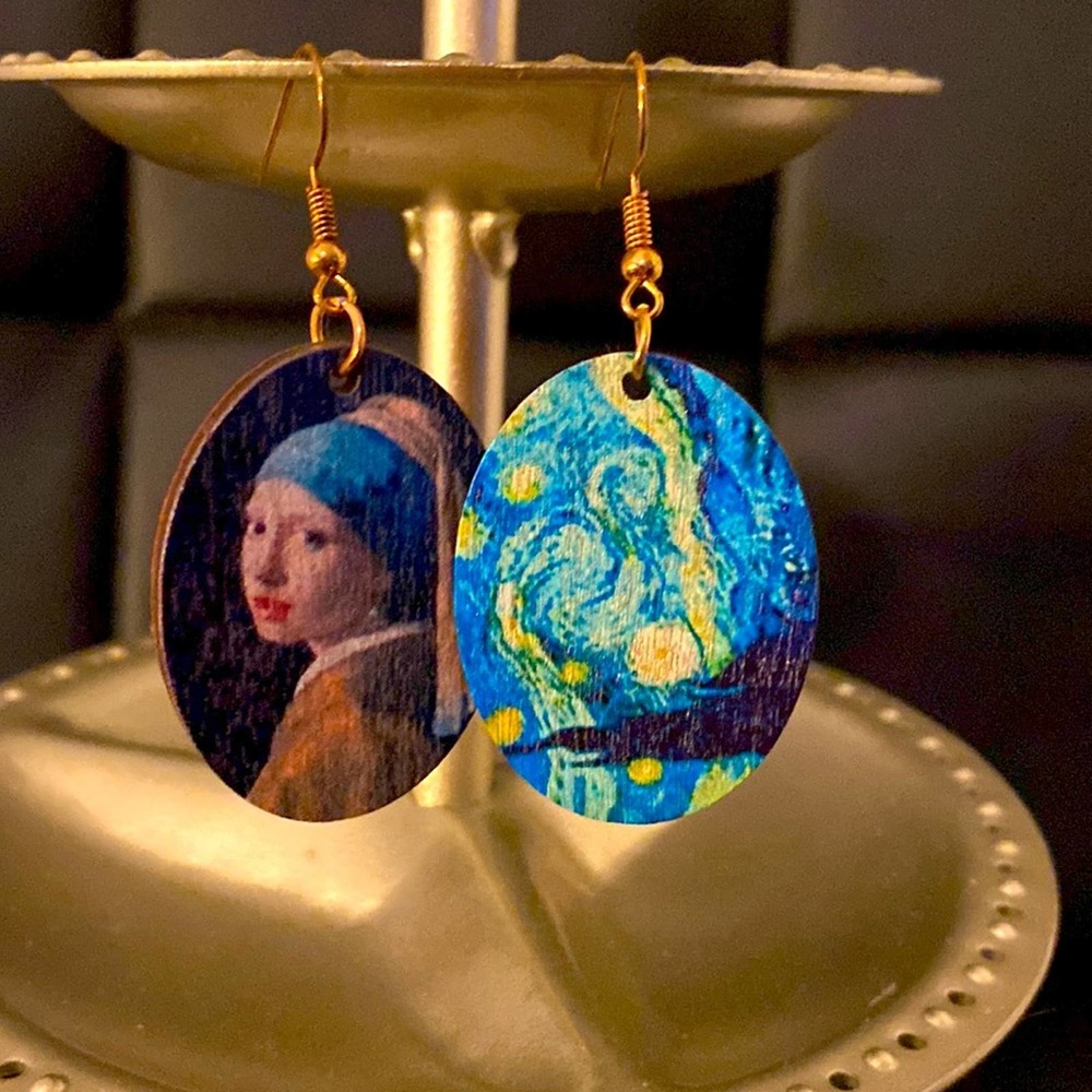 Wooden Oval Mismatched Earrings- Starry Night and Girl with a Pearl Earring NWOT